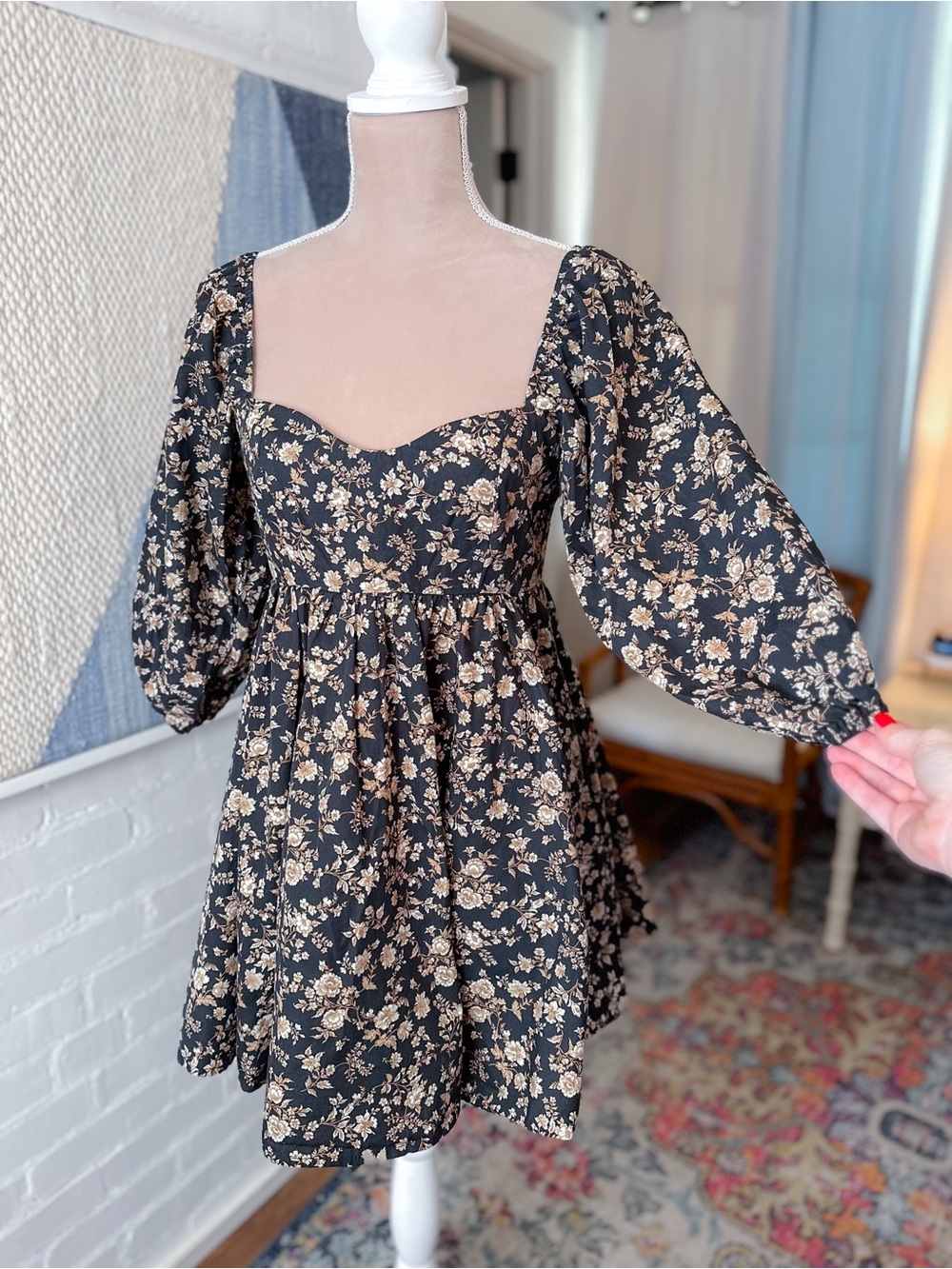 Altar'd State Black and Tan Floral Puff Sleeve Mini Dress